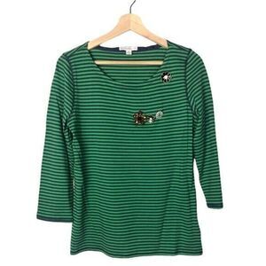 Isaac Mizrahi Live Green & Blue Striped Brooch Embellished Long Sleeve T-Shirt